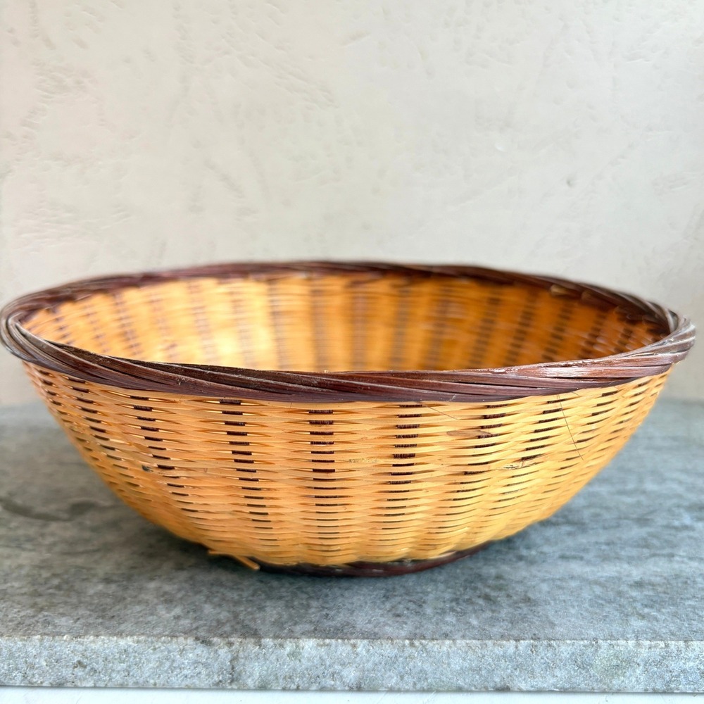 Vintage Woven Bamboo Bowl 8 Inch Round Two Tone Brown Wicker Basket Boho Decor